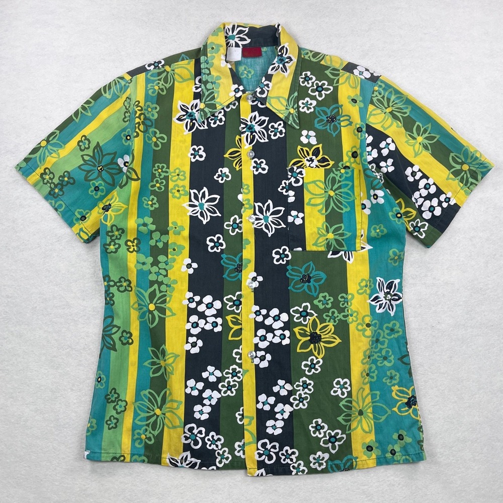 Vintage 60s 70s Kings Road Sears Mens Green Yellow Floral Stripe Shirt Medium